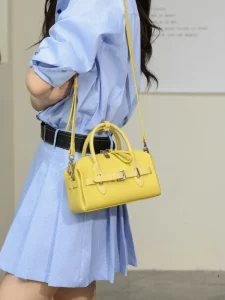 Top Grain Calfskin Leather Bowling Bag Women High End Niche Shoulder Crossbody Underarm Handbag