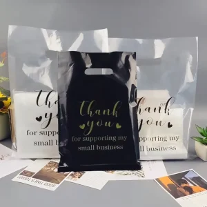 Transparent / Black Plastic Handle Bag with Die Cut Hole Clothes T-shirt Shopping Thank You Carry Out Bags 25*35cm 9.8*13.7inch