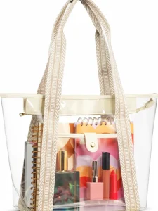 Transparent Clear Large Tote Bag Fashion Zippered Closure Sturdy Handles Women Purse for Beach Stadium Work Shopping