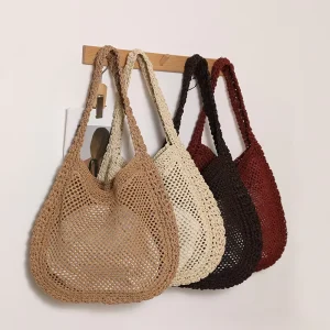Trendy Fashion Solid Color Hollow Out Straw Woven Bag Large Capacity Shoulder Bag Casual Beach Vacation Handbag for Women