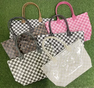 Trendy Retro Checkered Tote Bag for Women Large Capacity Clear PVC Waterproof Portable Shopping Bag Outdoor Travel Handbag