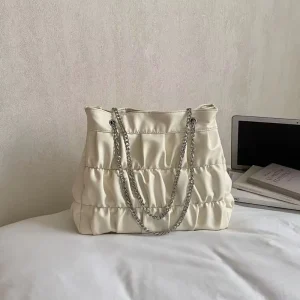 Trendy Women’s Ruched Cloud Tote Bag Soft PU Leather Single-Shoulder Bag with Chain Large Capacity Fashion Handbag