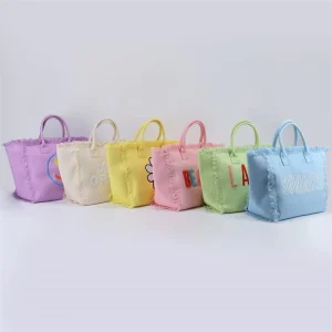 USA Warehouse Multicolor Embroidery Patch Tassel Beach Bag Travel Bag Blank Cotton Canvas Fringe Beach Tote