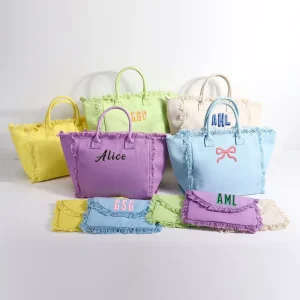 USA Warehouse Women Beach Tote Bag Fringe Tassel Canvas Cotton Handbag Embroidery Monogram Fringe Tote Bag With Zipper