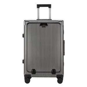 USB Charging Carry On Luggage Aluminum Frame Suitcase Front Open Cup Holder Spinner Wheels Password Lock