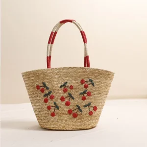 Unique Embroidered Cherry Straw Shoulder Bag Large Capacity Wheat Woven Tote Beach Vacation Handmade Purse