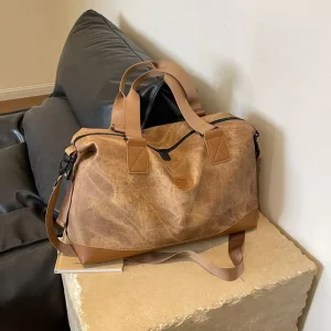 Unisex Genuine Leather Waterproof Zipper Duffel Bag 43L Capacity Vintage Style Travel Gym Sport Bag