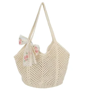 Vacation Knitted Polyester Lining Women’s New Summer Shoulder Tote Bag Hollow out Flower Beach Bag