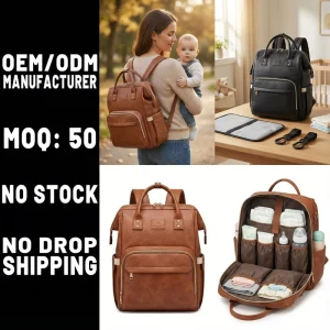 Vegan Leather Mommy Diaper Backpack Travel friendly Baby Care Maternity Nappy Bag with Multiple Compartments OEM Manufacturer