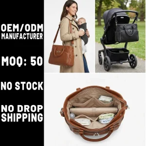 Vegan Nappy Changing Bag with Multi-Pocket Lightweight Leather Diaper Tote Bag for Baby Care