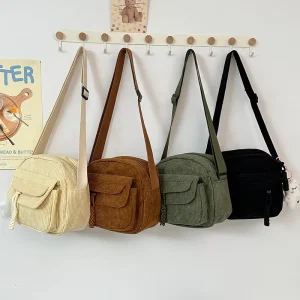 Velvet Zipper Messenger Bag Unisex All Seasons School Single Shoulder Cross body Bag Corduroy Mobile Phone Coin Purse Bag