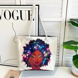 Versatile Women’s Tote Bag Creative Printed Rope Embroidery Zipper Large Capacity Canvas Beach Shopping Bag