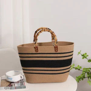 Vintage Bamboo Handle Cotton Rope Weave Basket Bag Black Stripe Large Capacity Women Daily Shopping Beach Handbag