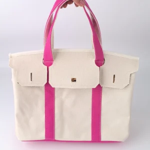 Vintage Belted Canvas Handbag Contrast Pink Detail Large Practical Tote Bag Women Girls Teachers Everyday Large Shopper Purse
