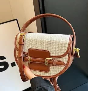 Vintage Canvas & Leather Saddle Crossbody Bag for Women Retro Gold Buckle Shoulder Purse with Adjustable Strap