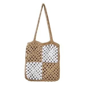 Vintage Fashion Knitted Geometric Pattern Chain Open Closure Hollow Shoulder Handbag for All Seasons