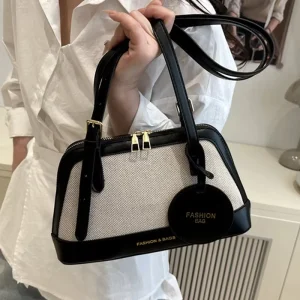 Vintage Fashion Women’s Winter Summer High End Feel Linen Patchwork Boston Crossbody Shoulder Bag Two Straps Zipper Closure