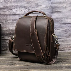 Vintage Genuine Leather Messenger Bag for Men 7.9” Ipad Crazy Horse Oil Leather Satchel Bag With Keychain Bit