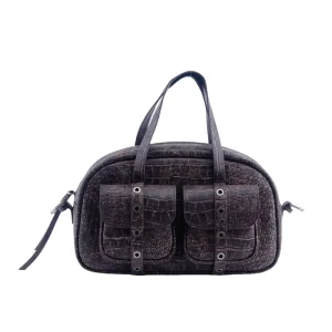 Vintage Genuine Leather Top Handle Bag Brown Crocodile Embossed Handbag with Dual Front Pockets and Metal Stud Accents