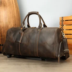 Vintage Genuine Leather Weekender Holdall Bag Travel Duffel Overnight Gym Bag with Trolley Sleeve Duffle Bag for Men