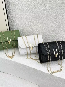 Vintage Lady Simple Stitched Texture Women’s Messenger Bag Polyester Lining Cover Diamond-pattern Chain Crossbody Small Square