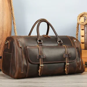 Vintage Men’s Crazy Horse Genuine Leather Weekender Holdall Overnight Duffel Bag with Shoe Pouch Men Leather Travel Bag