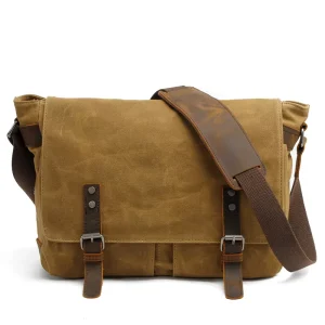 Vintage Men’s Waxed Canvas & Genuine Leather Messenger Bag Casual Shoulder Bag for Outdoor Use All Seasons