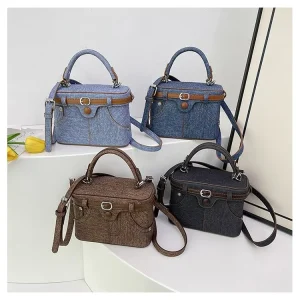 Vintage Polyester Shoulder Messenger Bag Women PU Material Lock Button Zipper Box Bag Versatile Trendy