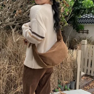 Vintage Solid Color Corduroy Hobo Dumpling Shoulder Bag Women Crescent Shaped Adjustable Crossbody Bag