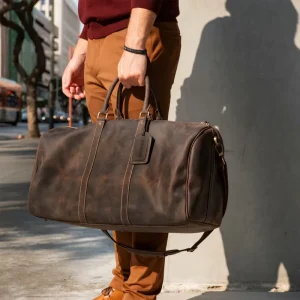 Vintage Style Genuine Leather Duffel Bag for Men and Women Crossbody Travel Holdall with Geometric Pattern Zipper Closure