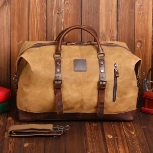 Vintage Travel Tote 16oz Waxed Canvas Zipper Closure Customized Logo Unisex Business Shoulder Duffel Bag