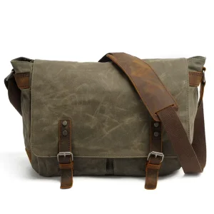 Vintage Waxed Canvas & Genuine Leather Shoulder Crossbody Messenger Bags for Men Outdoor Use All Seasons