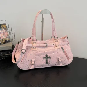 Vintage Y2K Canvas Tote Bag Cross Star Sparkle Large Capacity Shoulder Handbags for Women