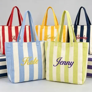 Water Resistant Portable Large Capacity Striped Canvas Tote Bag Personalized Letter Embroidery Eco friendly Elegant
