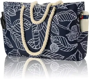 Waterproof Beach Bag with Zipper Large Tote Foldable Pool Bag with Multiple Pockets for Family Vacation