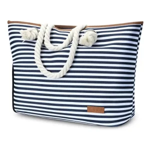 Waterproof Beach Tote Foldable Travel Bag with Shoe Compartment Wet Pocket Zipper Closure Rope Handles Blue Striped Utility Bag
