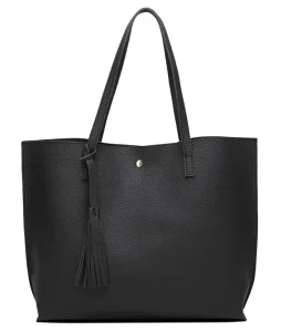 Waterproof Durable Women’s Soft Faux Leather Tote Shoulder Bag Big Capacity Tassel Handbag Black Women’s Handle PU Tote Bag