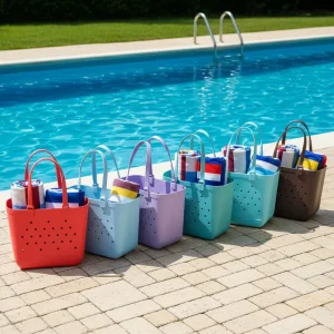 Waterproof EVA Lady Solid Color Eva Beach Bag Removable Strap Soft Large Capacity PVC Lining Beach Bag Rubber for Summer