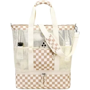 Waterproof Mesh Beach Tote Bag With Insulated Compartment Removable Picnic Bag Zippers Pockets Pool Bag 31L For Women