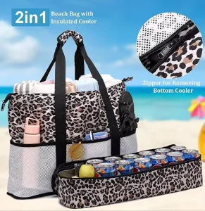 Waterproof Sand proof Beach Tote Bags with Cooler Top Zipper Travel Leopard Print Polyester Beach Bag for Women