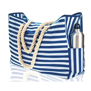 Waterproof Striped Large Beach Bag With Rope Handles Tote Bag