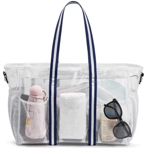 Waterproof Striped Zipper Beach Tote Pool Bag for Women Large Capacity with Wet Compartment for Weekender Travel