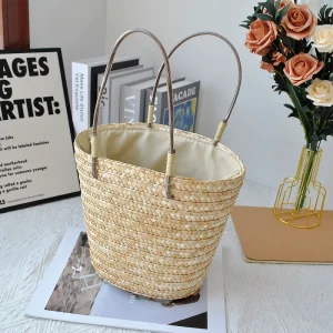 Wheat Straw Woven Beach Bag Handmade Summer Tote for Vacation Bohemian Seaside Handbag & DIY Craft Gift Purse