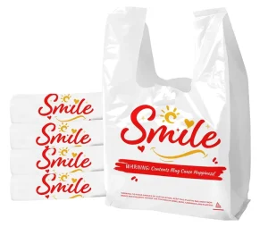 White HDPE Recyclable T Shirt Bags with Handles 11.5×6.5×21″ Cheerful Thank You Grocery Bags