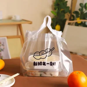 White Plastic Takeout Bags with Drawstring Closure Custom Printed Food Delivery Bags Restaurant Packaging Supplier