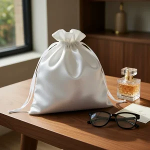 White Satin Drawstring Dust Bag Polyester Fabric Custom Logo for Handbag and Storage