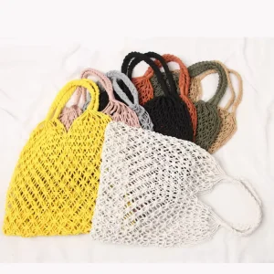 Whole Straw Beach Bags Women Hollow Out Mesh Polyester Woven Straw Tote Mesh Beach Bags