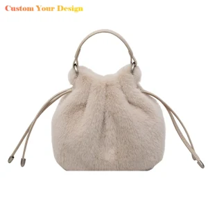 Winter Fashion Luxury Women Soft Plush Small Drawstring Bucket Bag Cute Vintage Stylish Ruched Hobo Daily Travel Crossbody Bag