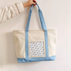 Women Canvas Boat Tote Handbag Custom Color Edge Trim Needlepoint Stitch Project Tote Shoulder Bag Travel Canvas Boat Tote Bag