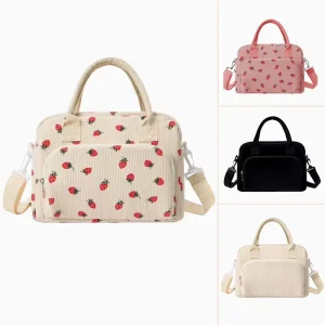 Women Insulated Lunch Box Cute Corduroy Lunch Tote Bags Reusable Large Capacity Cooler Bag With Adjustable Shoulder Strap
